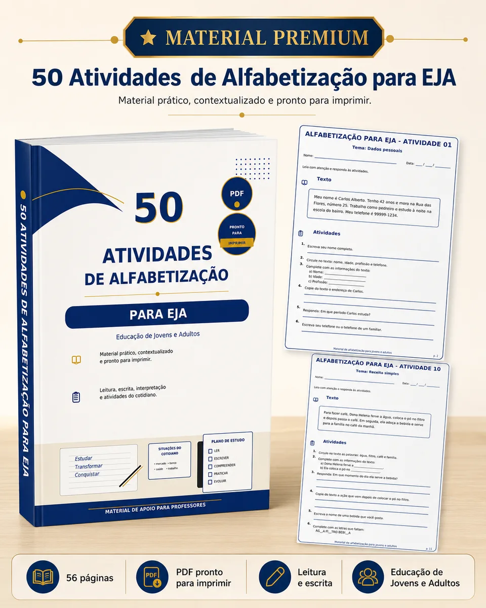Material Premium com 50 Atividades de Alfabetização para EJA